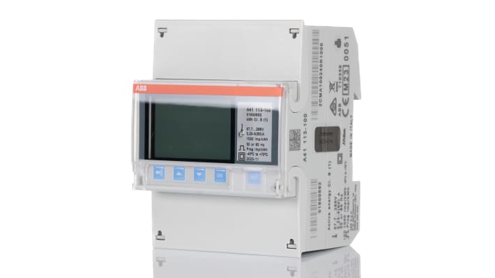 Contatore di energia monofase ABB 2CMA100240R1000 A41, LCD 4 cifre, montaggio su guida DIN, 80 A, dimensioni 70 x 26,5 x 65 mm.
