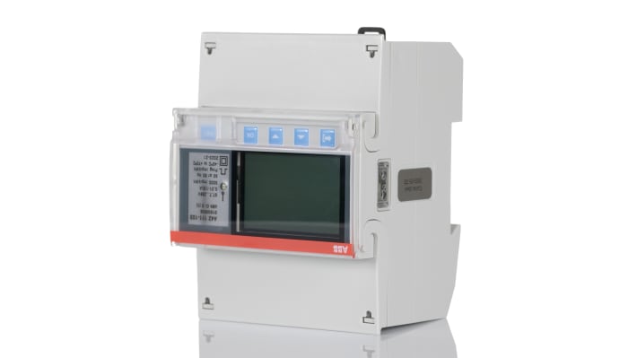 Contatore di energia monofase ABB 2CMA170555R1000, montaggio su guida DIN, display LCD, precisione ±1%, dimensioni 70 x 26,5 x 65 mm.