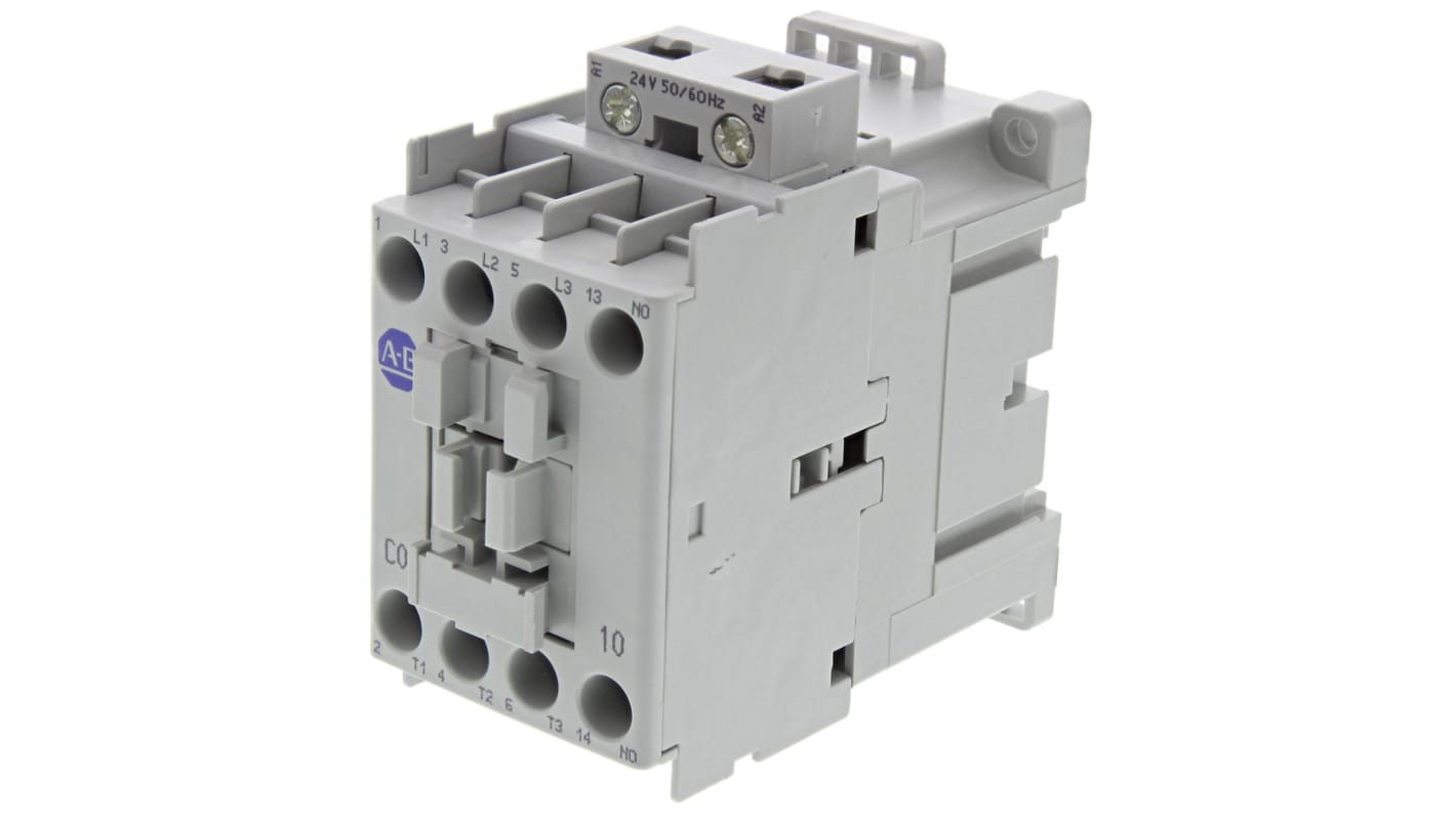 Contattore Allen Bradley 100-C09KJ10, 3 poli, 9 A, bobina 24 V c.a., montaggio su guida DIN, dimensioni 81x45x86.5 mm.