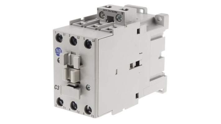 Contattore Allen Bradley 100-C30KJ00, 3 poli, 30 A, bobina 24 V c.a., montaggio su guida DIN, dimensioni 45x81x86.5 mm.
