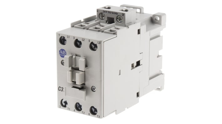Contattore Allen Bradley 100-C37KJ00, 3 poli, 37 A, bobina 24 V c.a., montaggio su guida DIN, dimensioni 81x45x86,5 mm.