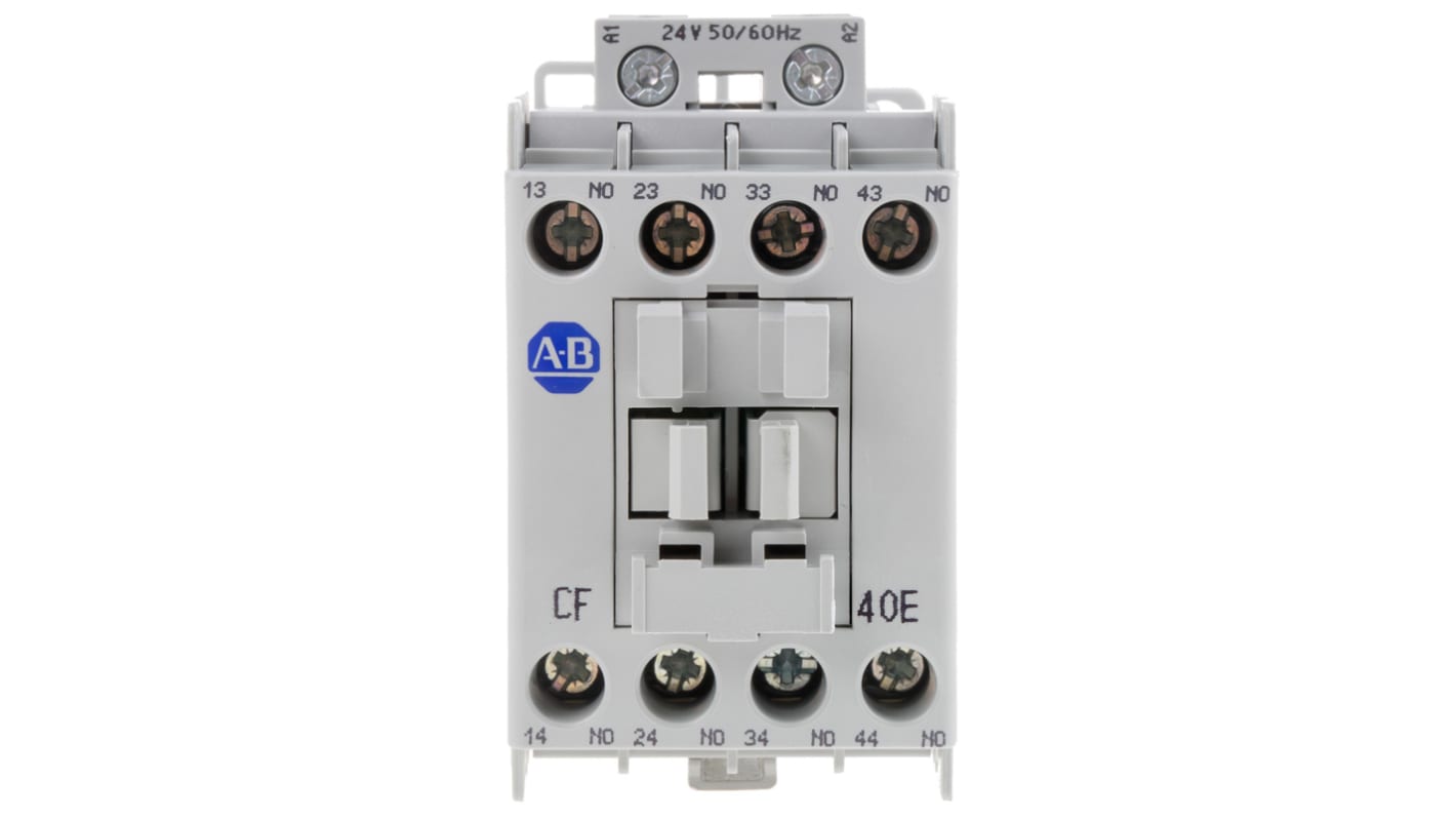 Contattore Allen Bradley 700-CF400KJ, 4 poli, 10 A, bobina 24 V c.a., montaggio su guida DIN, dimensioni 81x45x80.5 mm.