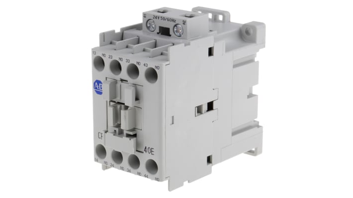Contattore Allen Bradley 700-CF400KJ, 4 poli, 10 A, bobina 24 V c.a., montaggio su guida DIN, dimensioni 81x45x80.5 mm.