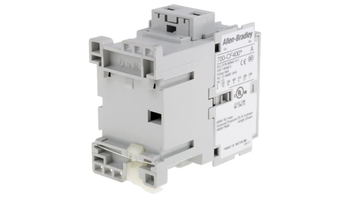 Contattore Allen Bradley 700-CF400KJ, 4 poli, 10 A, bobina 24 V c.a., montaggio su guida DIN, dimensioni 81x45x80.5 mm.