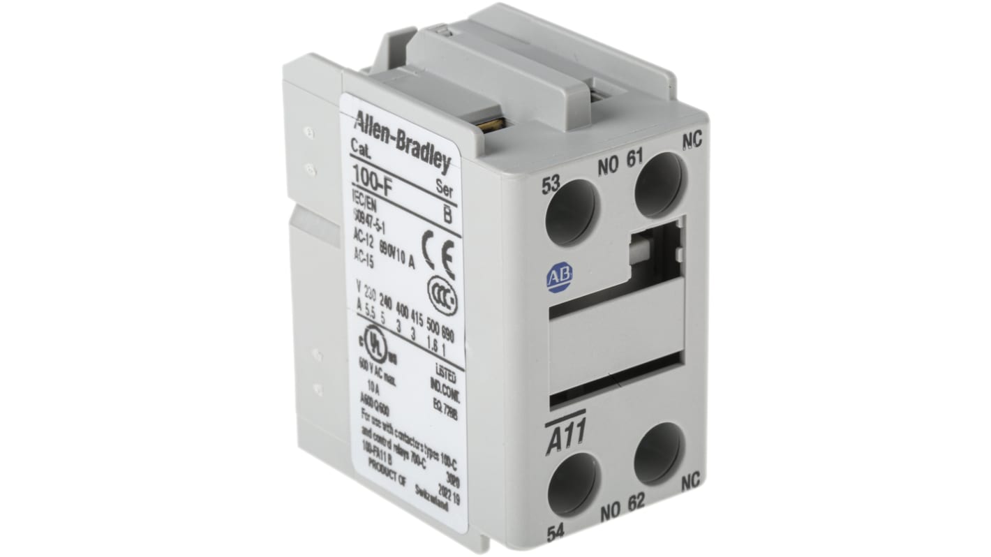 Contatto ausiliario Allen Bradley 100-FA11, 2 contatti DPST, montaggio anteriore, corrente nominale 10 A, temperatura -25/+60 °C.
