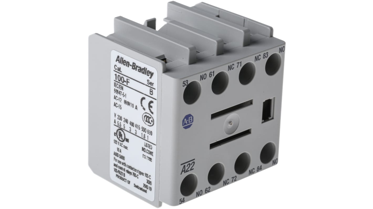 Allen Bradley 100-FA22, modulo contatti 4PST, 2NC + 2NO, montaggio frontale, corrente 10 A, temperatura -25/+60 °C.