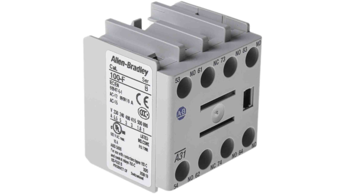 Allen Bradley 100-FA31, modulo contatti 4PST, 1NC + 3NO, montaggio anteriore, corrente 10 A, temperatura -25/+60 °C.