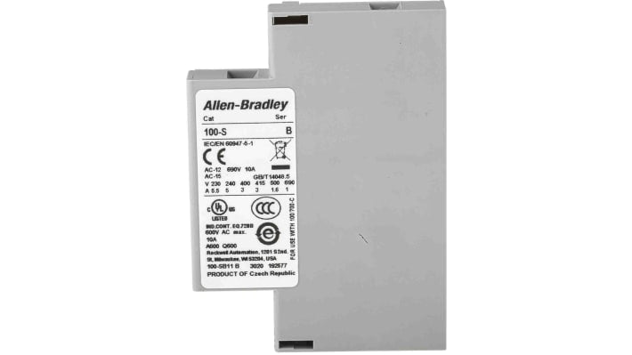 Contatto ausiliario Allen Bradley 100-SB11, 2 contatti, montaggio laterale, serie 100S. Affidabile e compatto per controlli industriali.