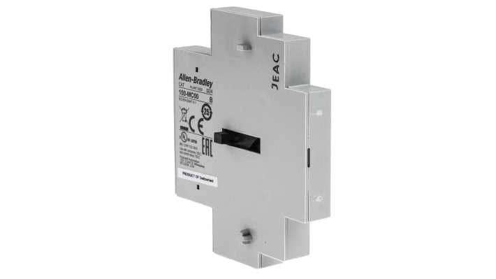 Interblocco meccanico Allen Bradley 100-MCA00 per moduli di contattori Serie 100C e 700-CF, compatibile con diverse dimensioni.