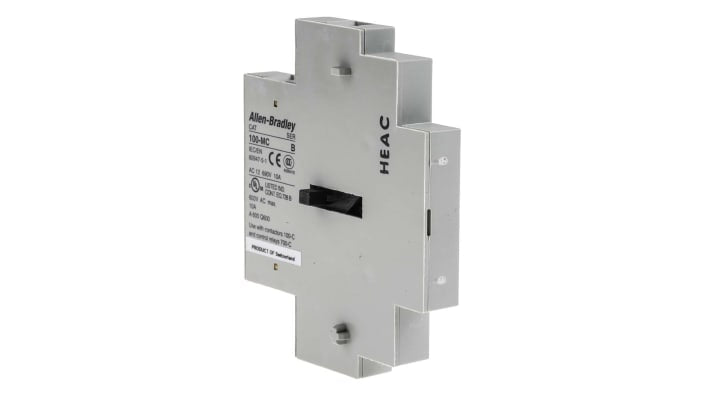 Interblocco meccanico Allen Bradley 100-MCA02 per contattori Serie 100C, configurazione DPST, montaggio orizzontale o verticale, dimensione 9mm.