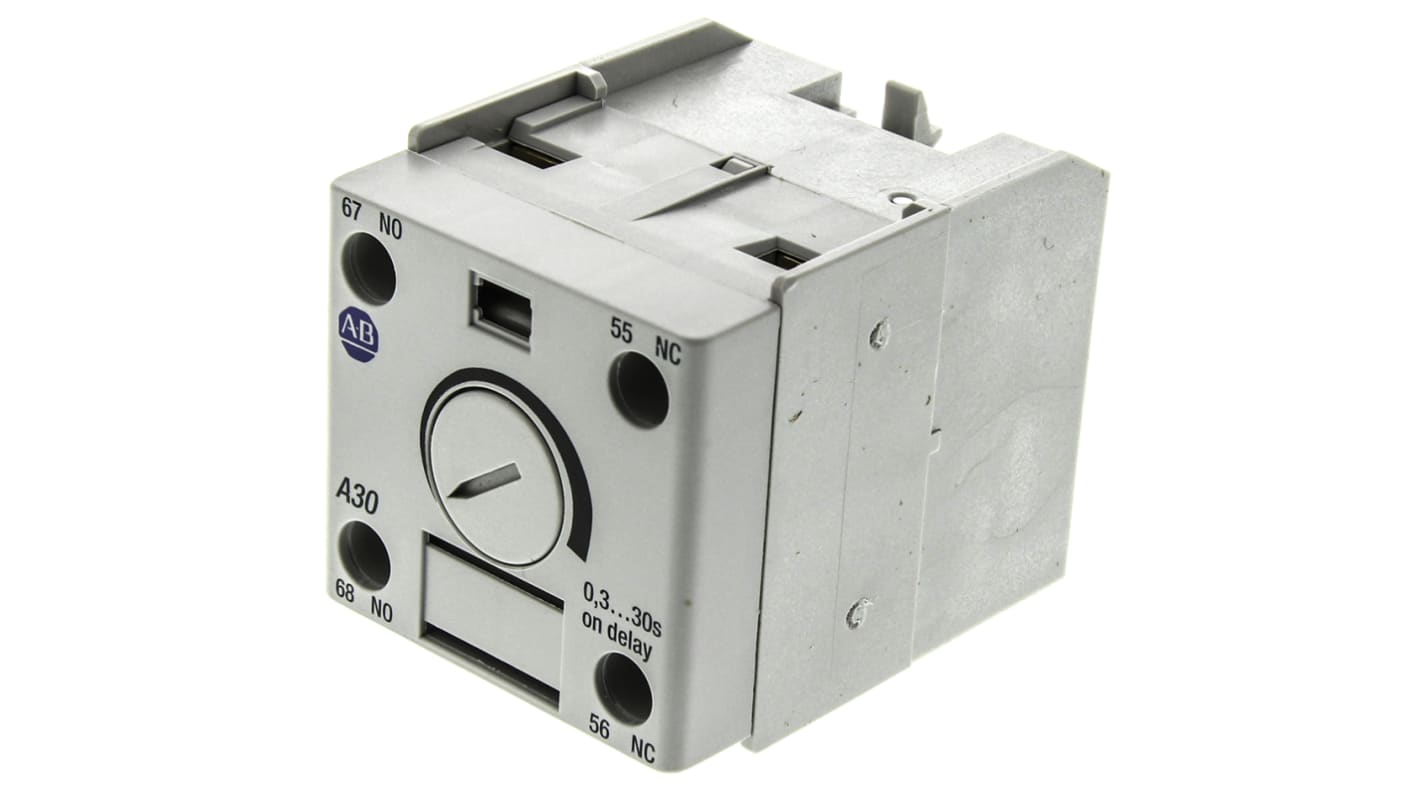 Allen Bradley 100-FPTA30, timer pneumatico per moduli di fasatura, tensione 24V, temporizzazione 0,3-30 secondi, installazione senza utensili.