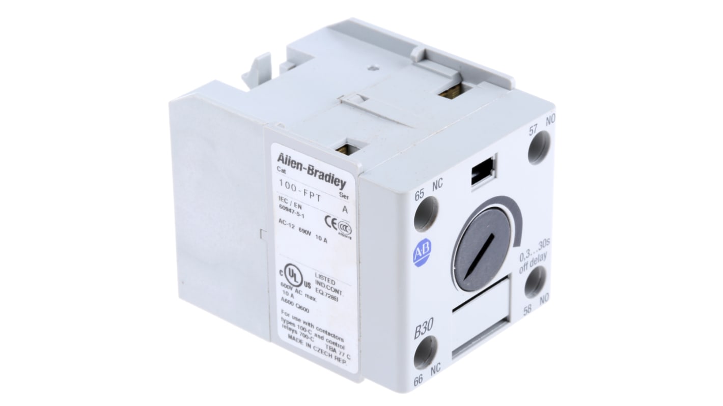 Timer Allen Bradley 100-FPTB30 per contattori 100-C, montaggio su guida DIN, ritardo alla diseccitazione, 0,3-30 secondi.