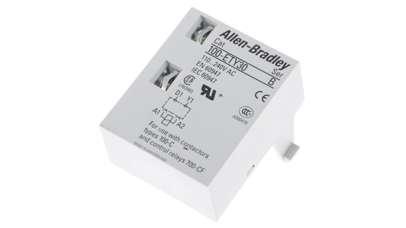 Allen Bradley 100-ETY30, timer per contattore con tre modalità operative, montaggio su morsetti, tensione 110-240 V c.a. o 110-250 V c.c.