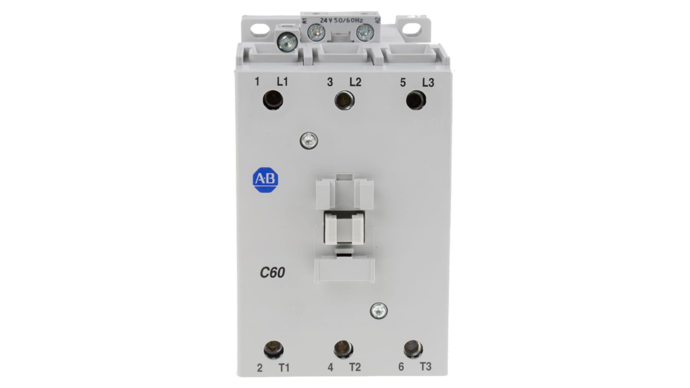 Contattore Allen Bradley 100-C60KJ00, 3 poli, 60 A, bobina 24 V c.a., montaggio su guida DIN, dimensioni 45x81x86.5 mm.