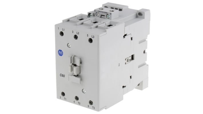 Contattore Allen Bradley 100-C60KJ00, 3 poli, 60 A, bobina 24 V c.a., montaggio su guida DIN, dimensioni 45x81x86.5 mm.