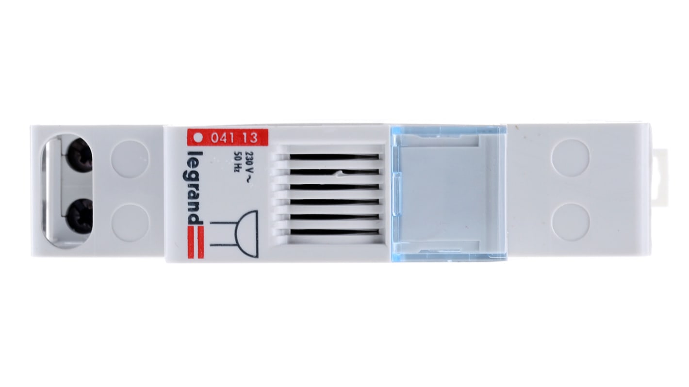 Cicalino Legrand 0 041 13 per guida DIN, alimentazione 230 V, segnalazione acustica 73 dB, collegamento diretto alla rete.