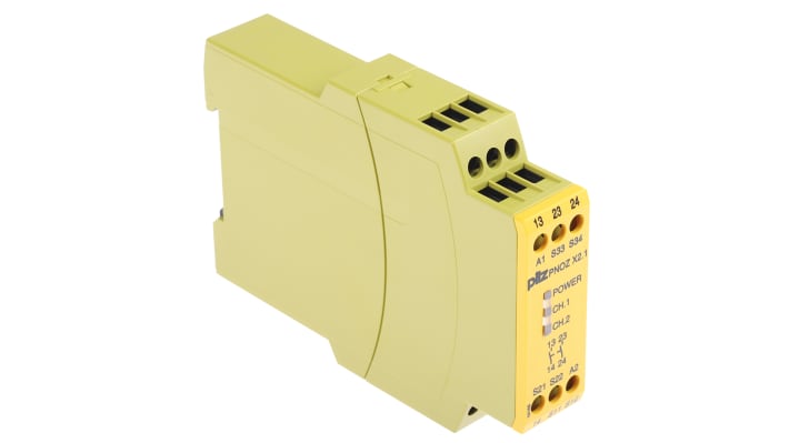 Relè di sicurezza Pilz PNOZ X2.1, 24V, 2 canali, contatti N/O, montaggio su guida DIN, dimensioni 22,5mm x 121mm x 87mm.