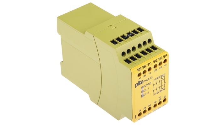 Pilz 774314, relè di sicurezza PNOZ X3 a 2 canali, 24 V dc, 110 V ca, montaggio su guida DIN, dimensioni 121 x 45 x 87 mm.