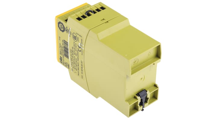 Pilz 774314, relè di sicurezza PNOZ X3 a 2 canali, 24 V dc, 110 V ca, montaggio su guida DIN, dimensioni 121 x 45 x 87 mm.