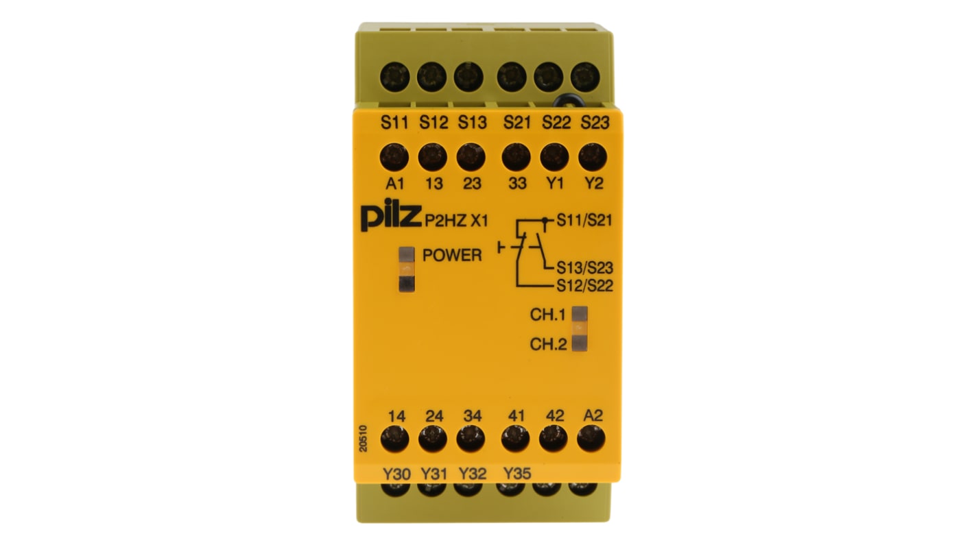 Relè di sicurezza Pilz P2HZ X1, 24V cc, 3 contatti di sicurezza, montaggio su guida DIN, dimensioni 45x121x87 mm.