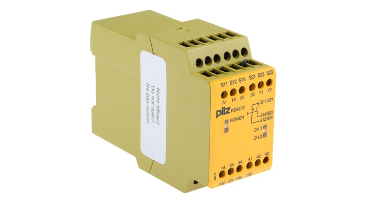 Relè di sicurezza Pilz P2HZ X1, 24V cc, 3 contatti di sicurezza, montaggio su guida DIN, dimensioni 45x121x87 mm.