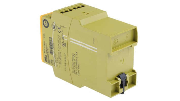 Relè di sicurezza Pilz P2HZ X1, 24V cc, 3 contatti di sicurezza, montaggio su guida DIN, dimensioni 45x121x87 mm.