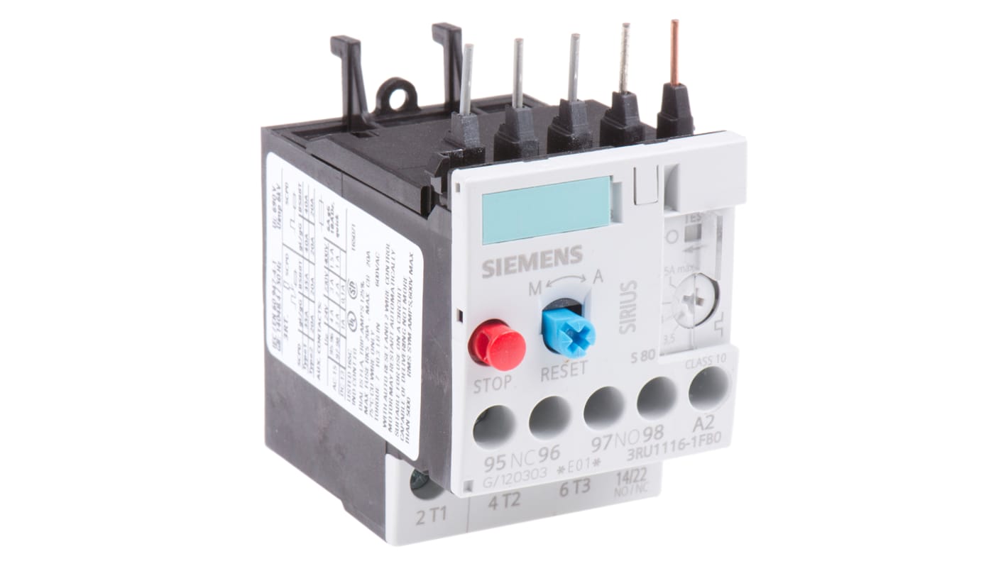 Relè di sovraccarico Siemens 3RU1116-1FB0, NO/NC, 5 A, montaggio su guida DIN, dimensioni 87x45x78 mm.