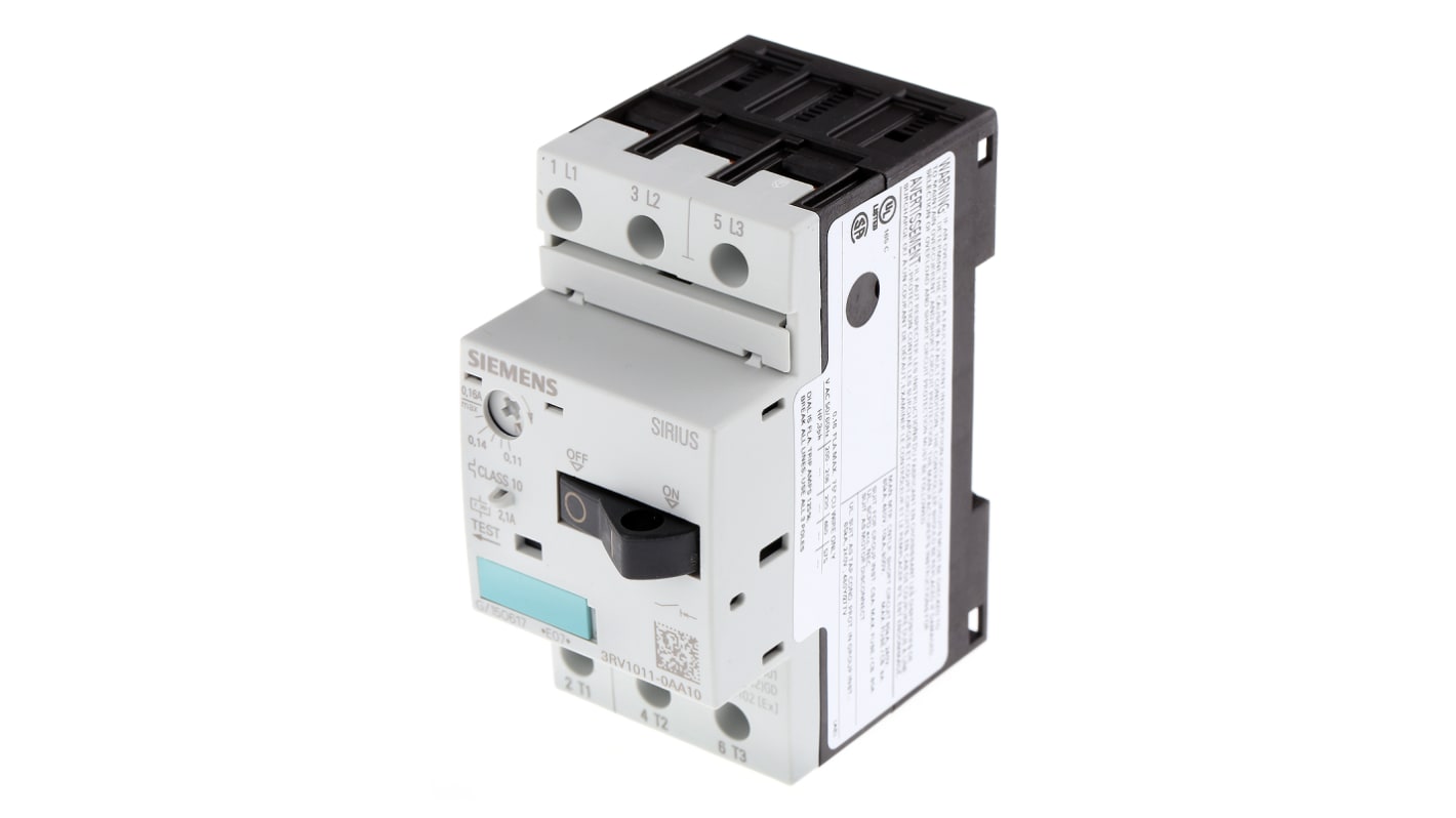 Interruttore automatico del motore Siemens 3RV1011-0AA10, 0,11 → 0,16 A SIRIUS. Resistente, affidabile e certificato per applicazioni fino a 690 V.