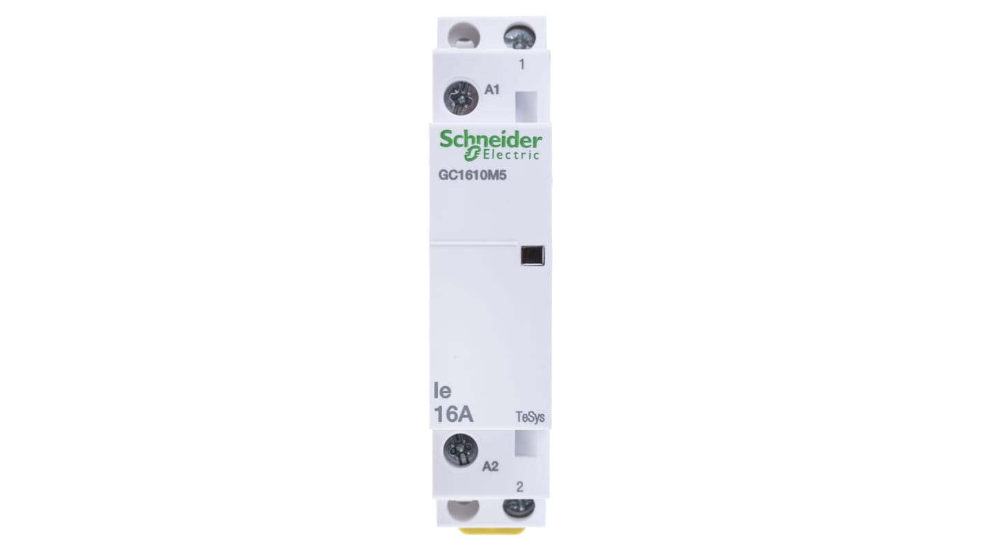 Contattore Schneider Electric GC1610M5, 1 polo, 16 A, bobina 230 V, montaggio su guida DIN, dimensioni 81x17.5x65 mm.