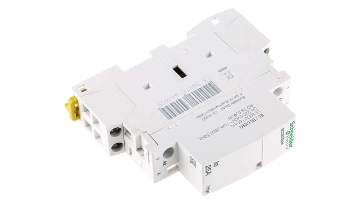 Contattore Schneider Electric GC2520M5, 2 poli, 25 A, bobina 230 V, montaggio a clip, dimensioni 81x17.5x65 mm.