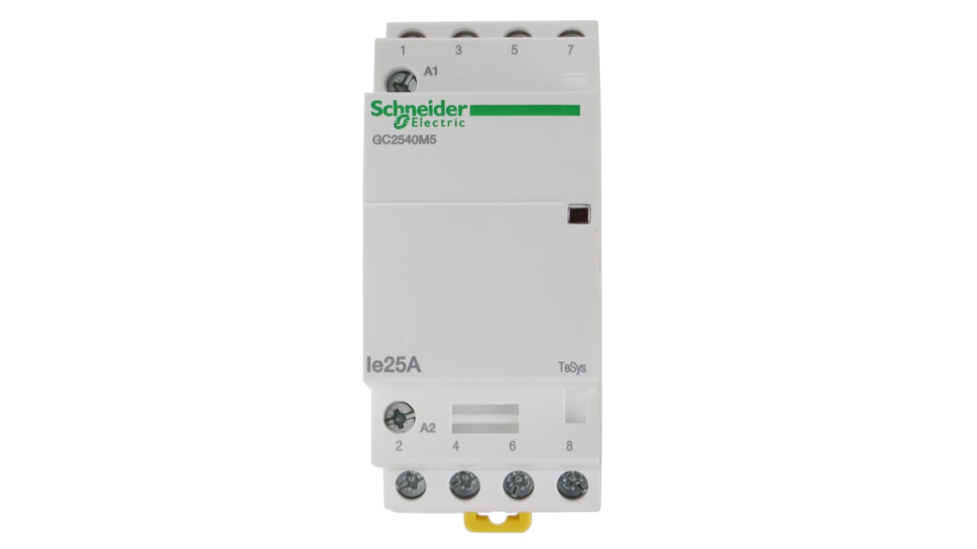 Contattore Schneider Electric GC2540M5, 4 poli, 25 A, bobina 230 V, montaggio su guida DIN, dimensioni 81x35x65 mm.