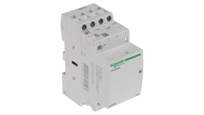 Contattore Schneider Electric GC2540M5, 4 poli, 25 A, bobina 230 V, montaggio su guida DIN, dimensioni 81x35x65 mm.