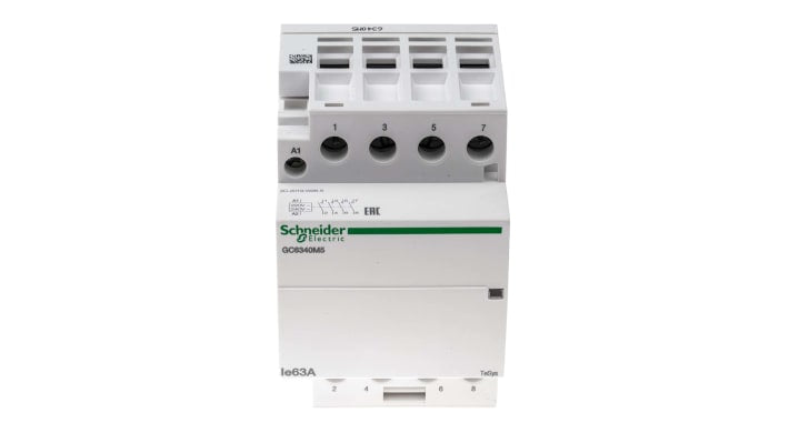 Contattore 4 poli Schneider Electric GC6340M5, 63 A, 230 V, montaggio a pannello o su guida DIN, dimensioni 81x52.5x65 mm.