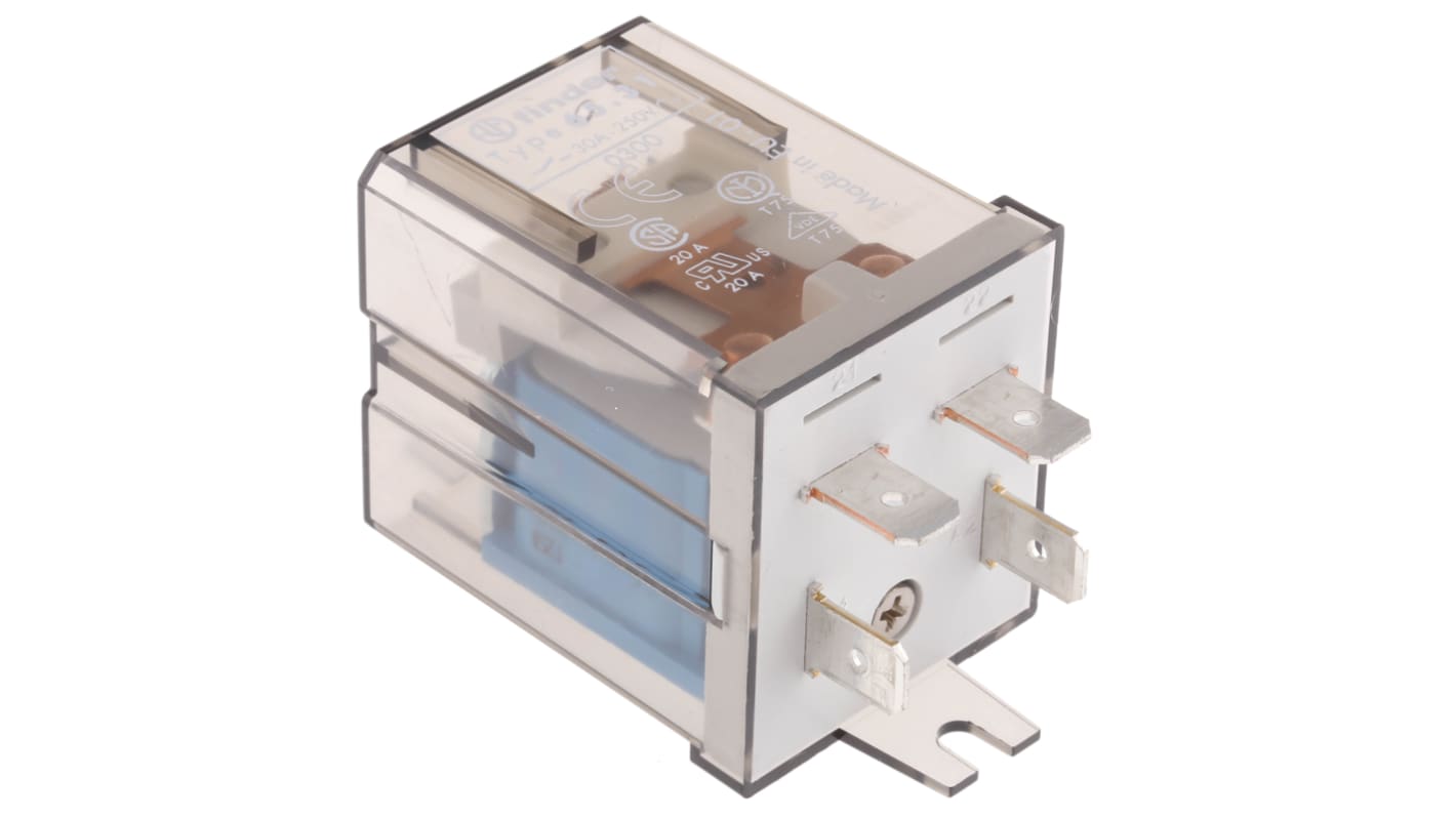 Relè di potenza Finder 65, SPST, 12V cc, montaggio su flangia, corrente 30A, dimensioni 62,2mm x 32,2mm x 36,5mm.
