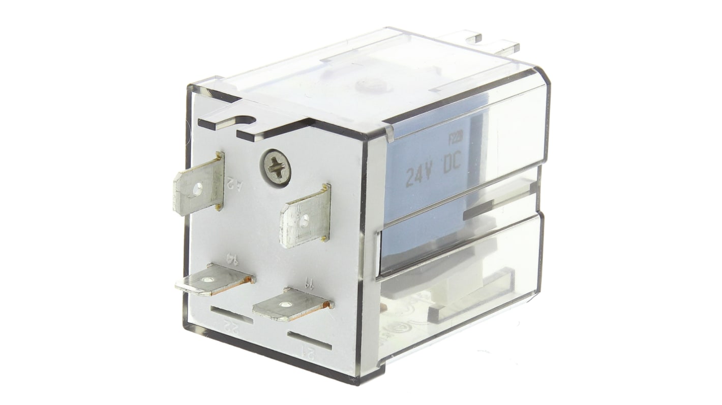 Relè di potenza Finder 65.31.9.024.0300, SPST, 24V cc, montaggio su flangia, 30A, dimensioni 62,2mm x 32,2mm x 36,5mm.