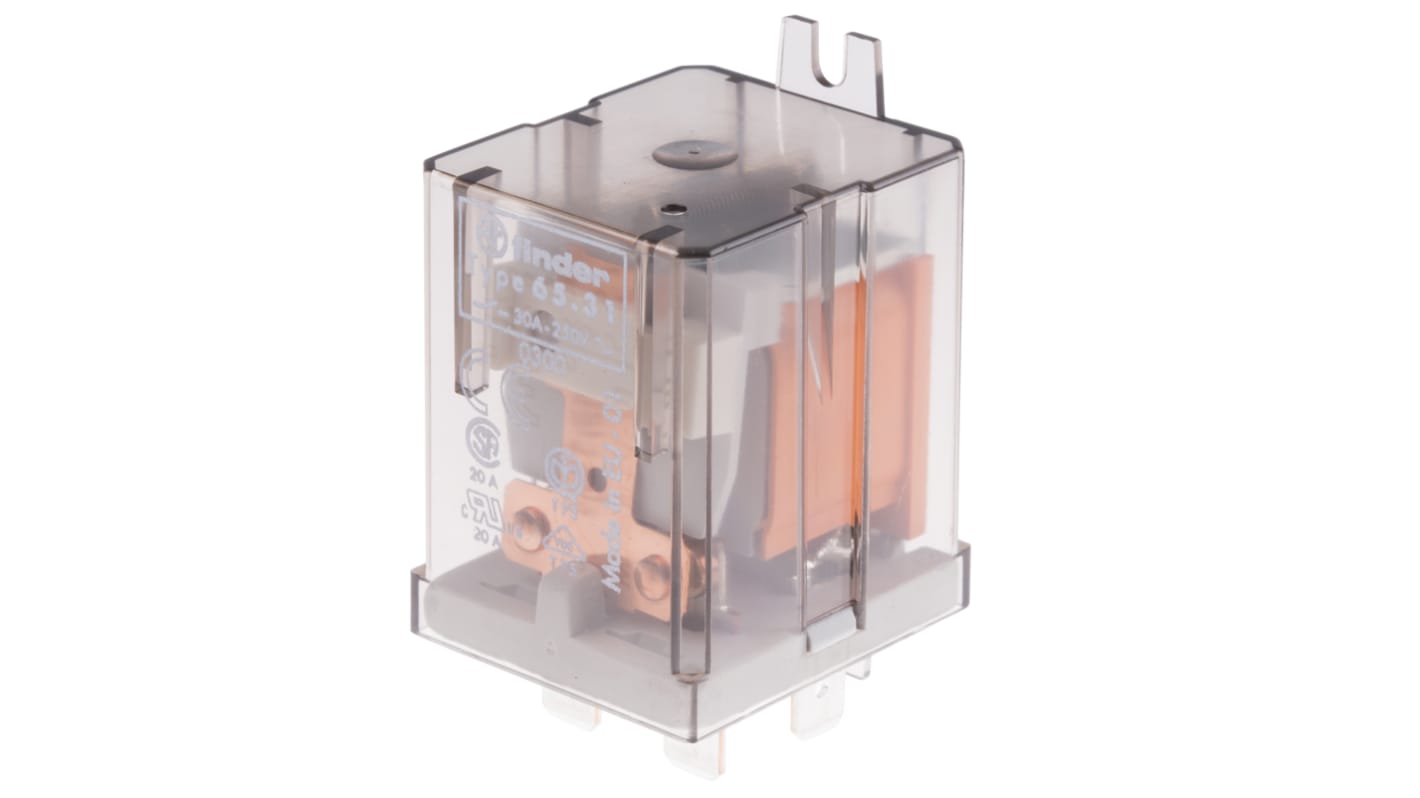 Relè di potenza Finder 65, SPST, 110V ca, 30A, montaggio su flangia, dimensioni 62,2mm x 36,5mm x 32,2mm.