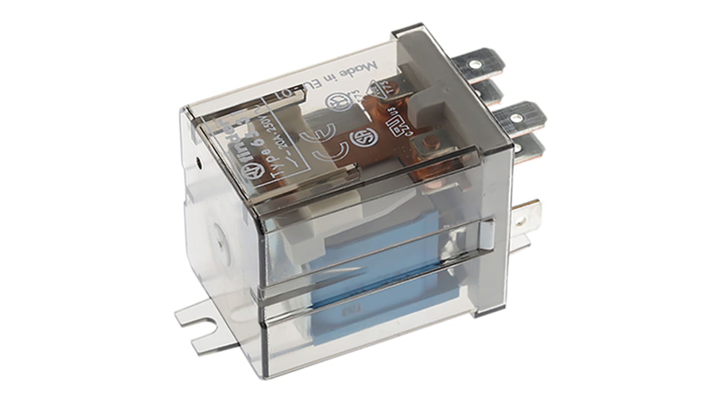 Relè di potenza Finder 65.31.9.012.0000 SPDT, bobina 12V cc, montaggio su flangia, dimensioni 62,2 x 32,2 x 36,5 mm.