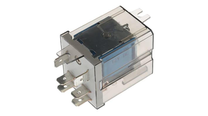 Relè di potenza Finder 65.31.9.012.0000 SPDT, bobina 12V cc, montaggio su flangia, dimensioni 62,2 x 32,2 x 36,5 mm.