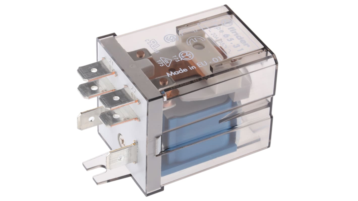 Relè di potenza Finder 65.31.9.024.0000, SPDT, bobina 24V cc, montaggio su flangia, dimensioni 62.2mm x 32.2mm x 36.5mm.