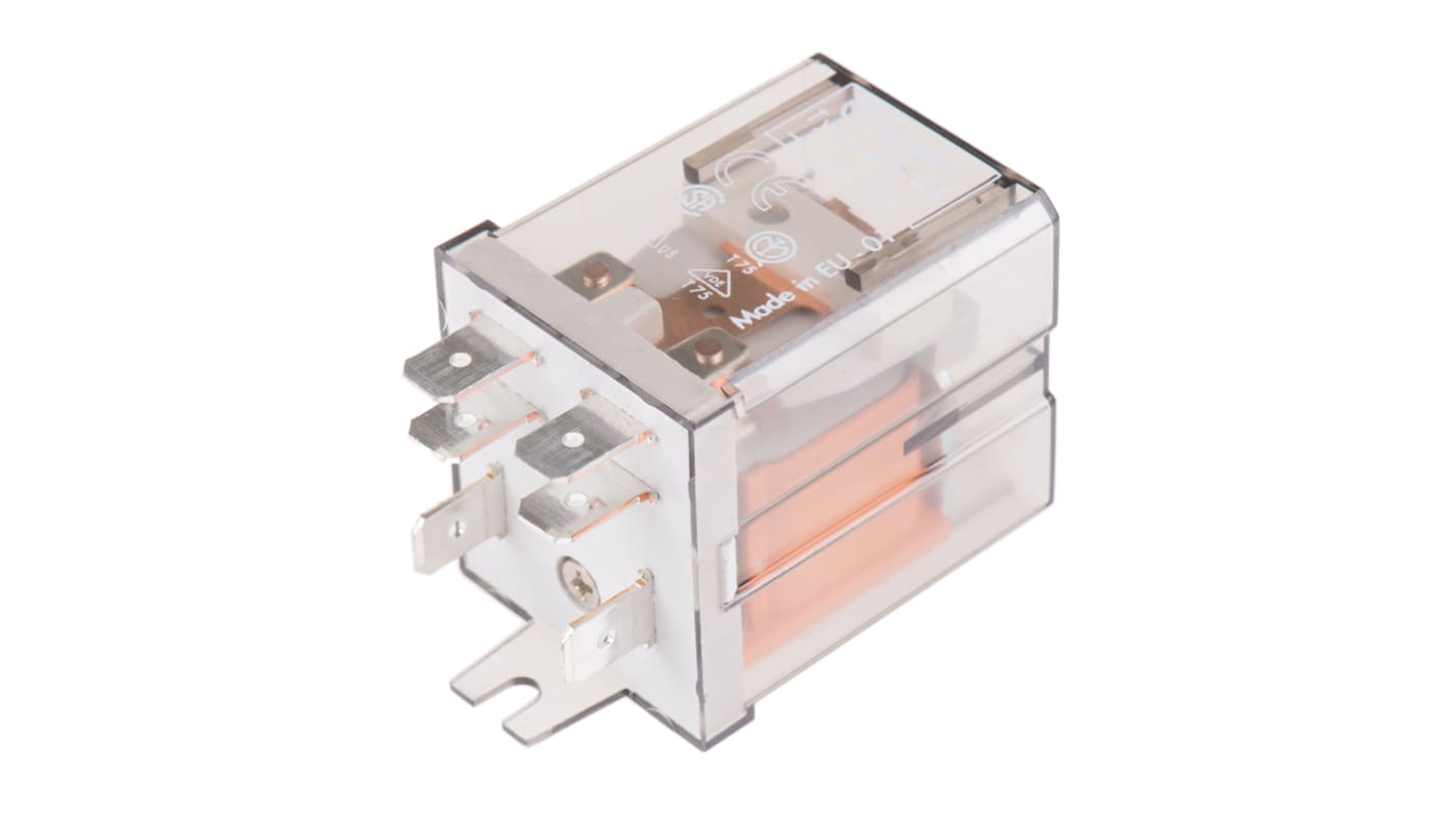 Relè di potenza Finder 65.31.8.230.0000, SPDT, 230V, montaggio su flangia, corrente 20A, dimensioni 62.2mm x 36.5mm x 32.2mm.