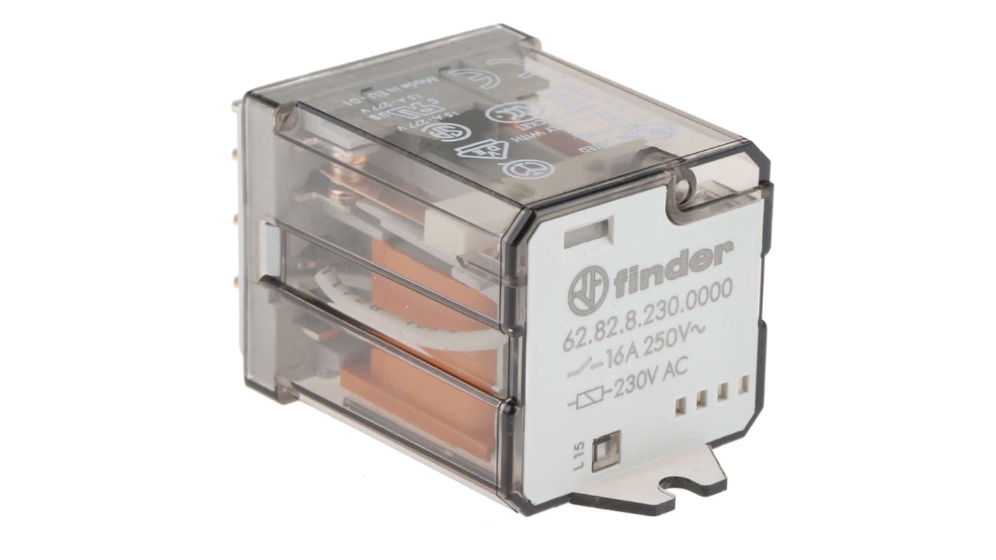 Finder 62.82.8.230.0000, relè di potenza DPDT, bobina 230V, montaggio a flangia, dimensioni 68mm x 38,2mm x 35,8mm.
