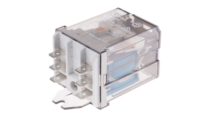 Finder 62.82.9.012.0300, relè DPST 12V cc, montaggio su flangia, corrente 16A, dimensioni 68x35.8x38.2 mm.