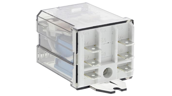 Relè di potenza Finder 62, DPST, 24V cc, montaggio su flangia, corrente 16A, dimensioni 68mm x 38.2mm x 35.8mm.