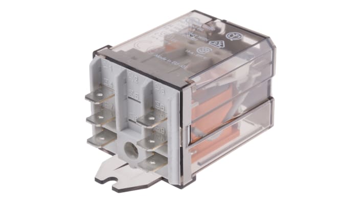 Relè di potenza Finder 62.82.8.110.0300, DPST, montaggio su flangia, corrente 16A, dimensioni 68mm x 35.8mm x 38.2mm.