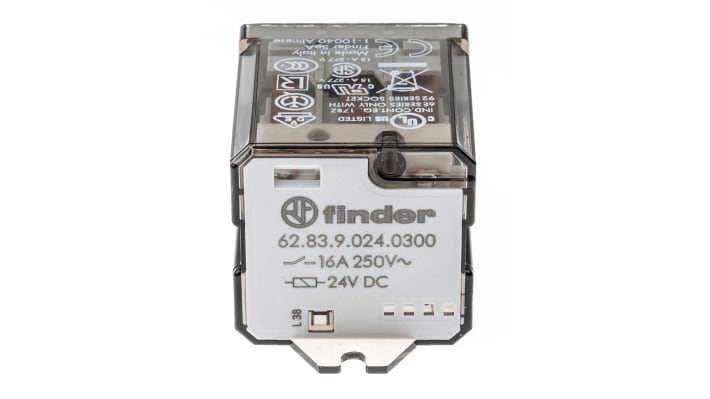 Relè di potenza Finder 62, 3P-NA, bobina 24V cc, montaggio su flangia, corrente 16A, dimensioni 68x35.8x38.2 mm.