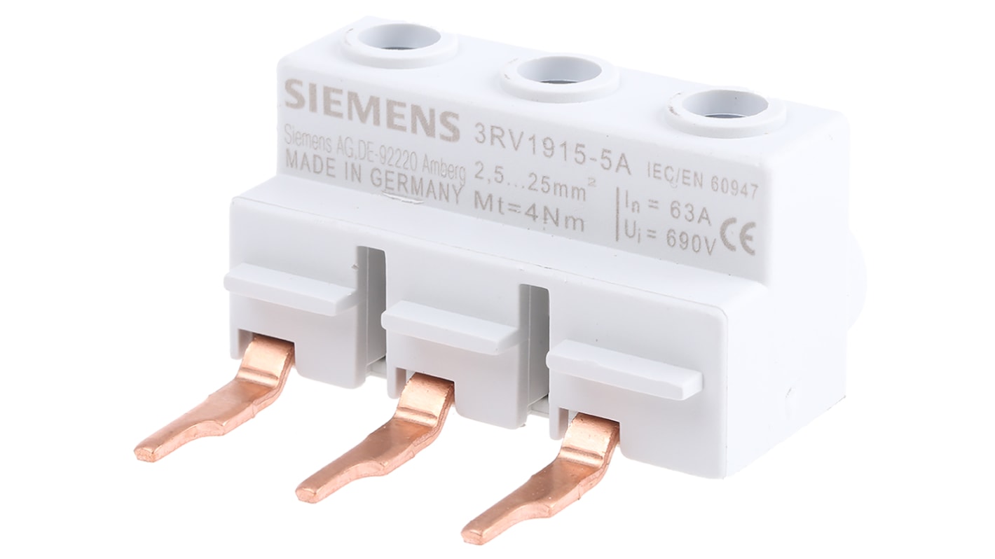 Terminale Siemens 3RV1915-5A per Serie 3RV1. Alimentatore per interruttori di protezione su barre di distribuzione trifase. Ottimizza l'installazione fino a 32 A.