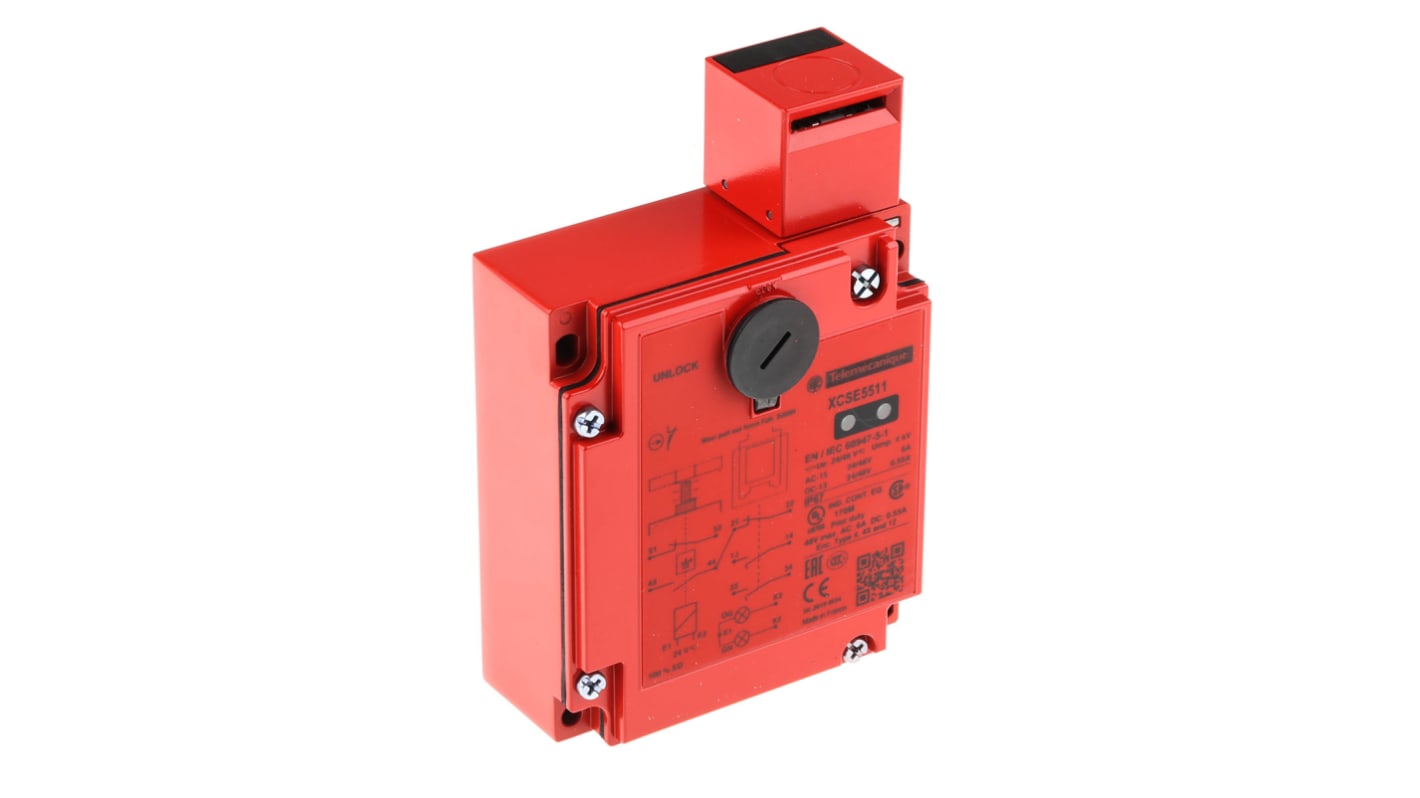 Interruttore di interblocco a solenoide Telemecanique Sensors XCSE5511, 24V, design rettangolare, IP67, 2 LED indicatori.