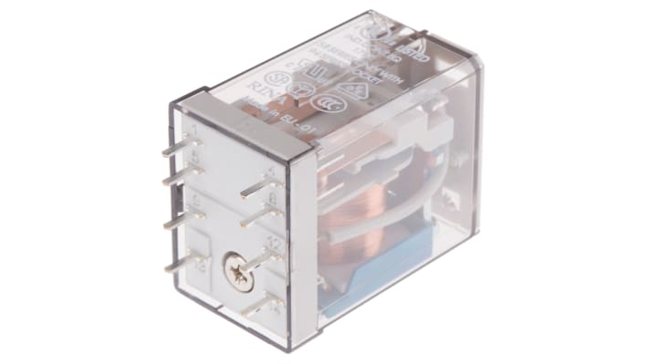 Finder 55.12.9.024.0000, relè DPDT 24V cc per montaggio su PCB, corrente 10A, tensione 400V ca, vita meccanica 10 milioni di cicli.