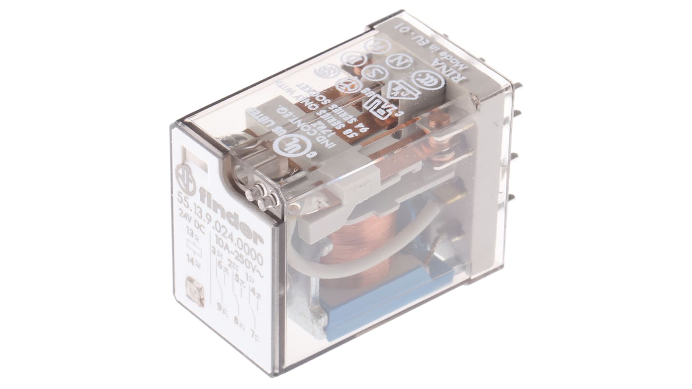 Finder 55.13.9.024.0000, relè di potenza 3PDT, bobina 24V cc, montaggio su PCB, corrente 10A, tensione 400V ca.