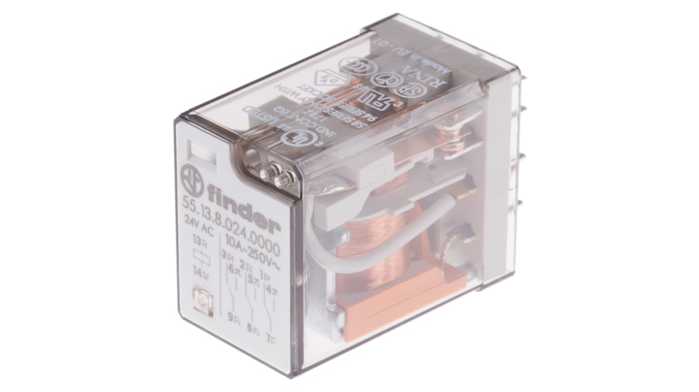 Finder 55.13.8.024.0000, relè di potenza 3PDT per circuiti stampati, 24V, 10A, dimensioni 27,7mm x 35,8mm x 20,7mm.